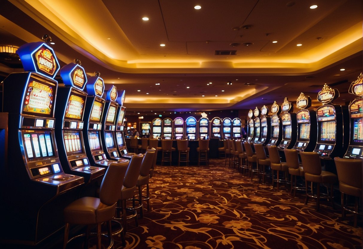 Bright lights illuminate bustling casino floors at popular Aruba resorts, with rows of slot machines and lively card tables. Guests enjoy drinks and entertainment in the vibrant atmosphere