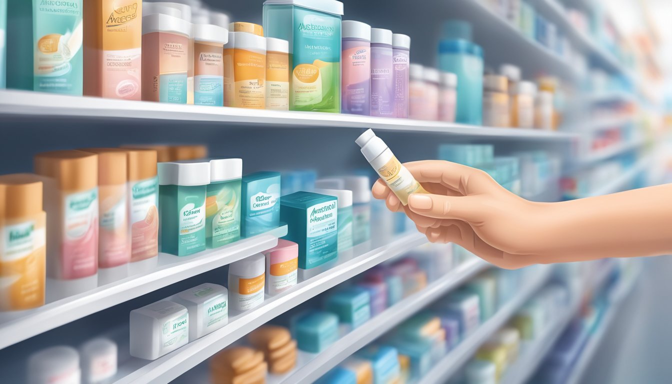 A hand reaches for a tube of aciclovir cream on a pharmacy shelf