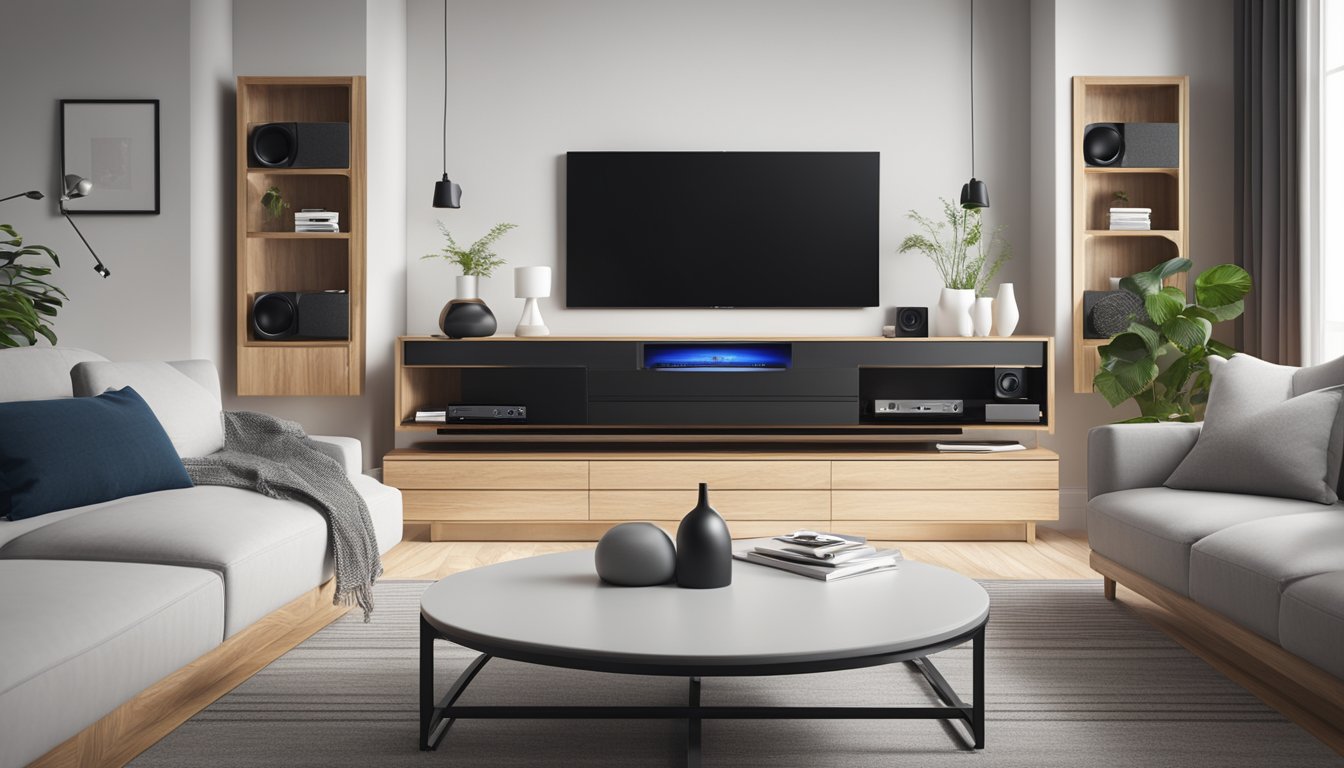 A sleek Bluetooth audio receiver sits on a modern entertainment center, surrounded by high-quality speakers and a flat-screen TV