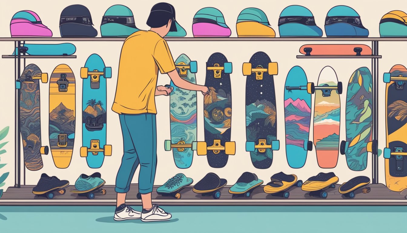 A person browses through a variety of electric skateboards at a store in Singapore, carefully examining the features and design of each one before making a selection