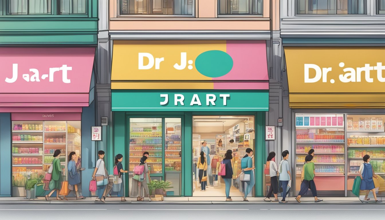 A crowded Singaporean street with a prominent storefront displaying "Dr. Jart" products. Shoppers are seen entering and exiting the store, while a sign advertises "Frequently Asked Questions" about the brand