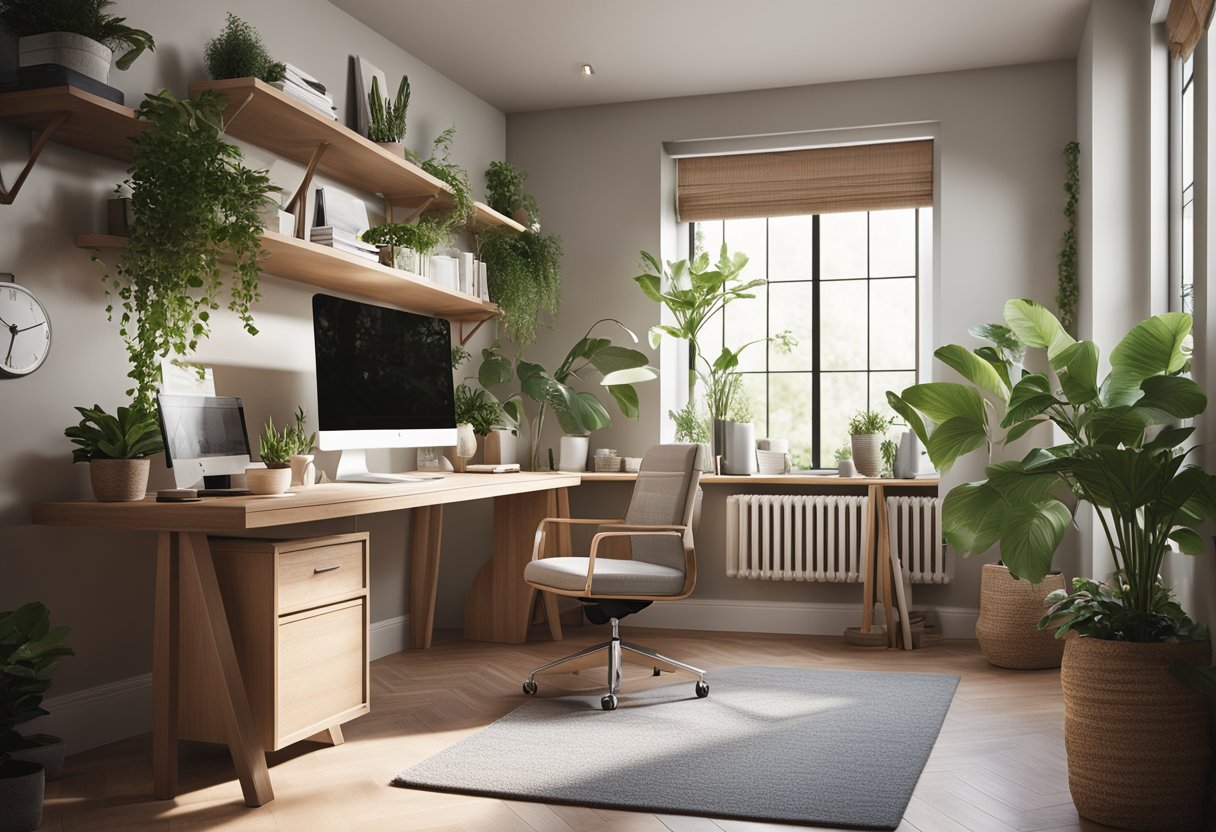 A cozy home office with a modern desk, computer, and natural light. A comfortable chair and organized workspace with plants and a calming color scheme