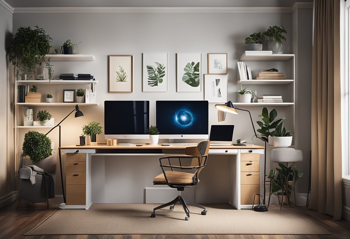 A cozy home office with modern decor, a computer, and a comfortable chair. The room is well-lit with natural light and has a peaceful, organized atmosphere