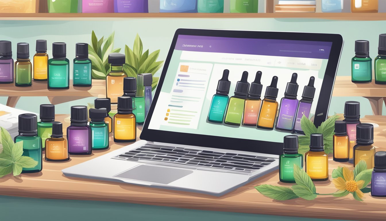 A laptop on a desk with a variety of essential oil bottles displayed on the screen. The website for purchasing essential oils is open and ready for browsing