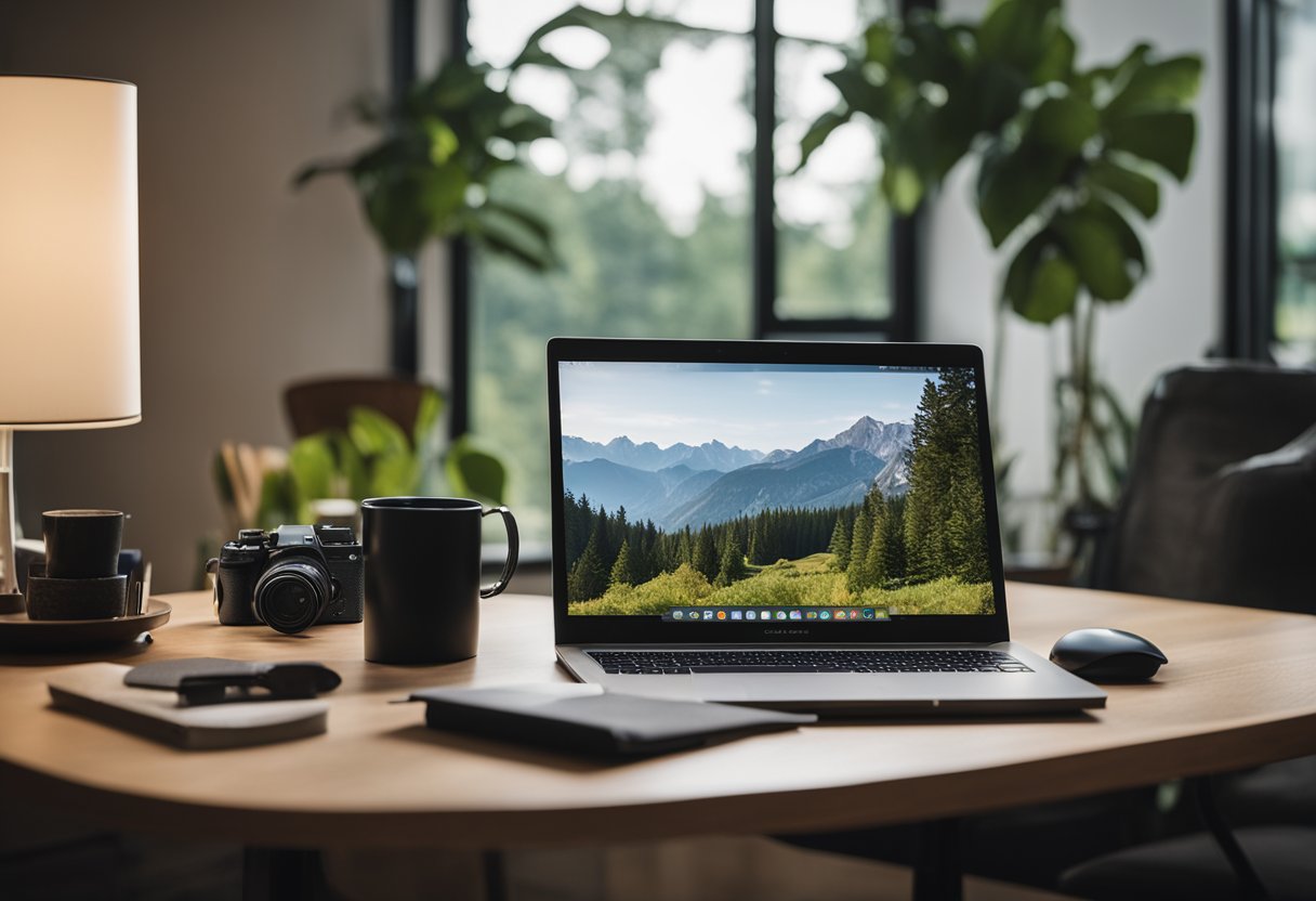 A laptop on a desk with a comfortable chair, surrounded by a cozy home office setup with a view of nature outside the window