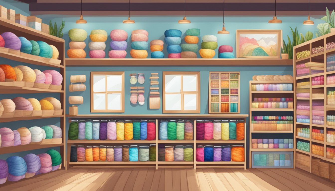 A cozy craft shop in Singapore displays colorful embroidery kits, neatly organized on shelves, with various designs and materials to choose from