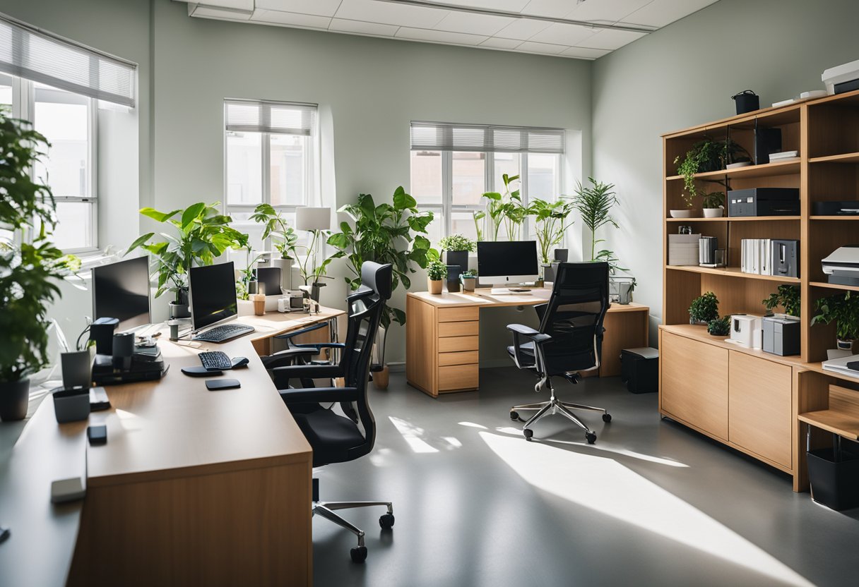 A bright, spacious room with a large desk, ergonomic chair, and organized shelves. A computer, printer, and other office supplies are neatly arranged. Natural light streams in through a window, and plants add a touch of greenery