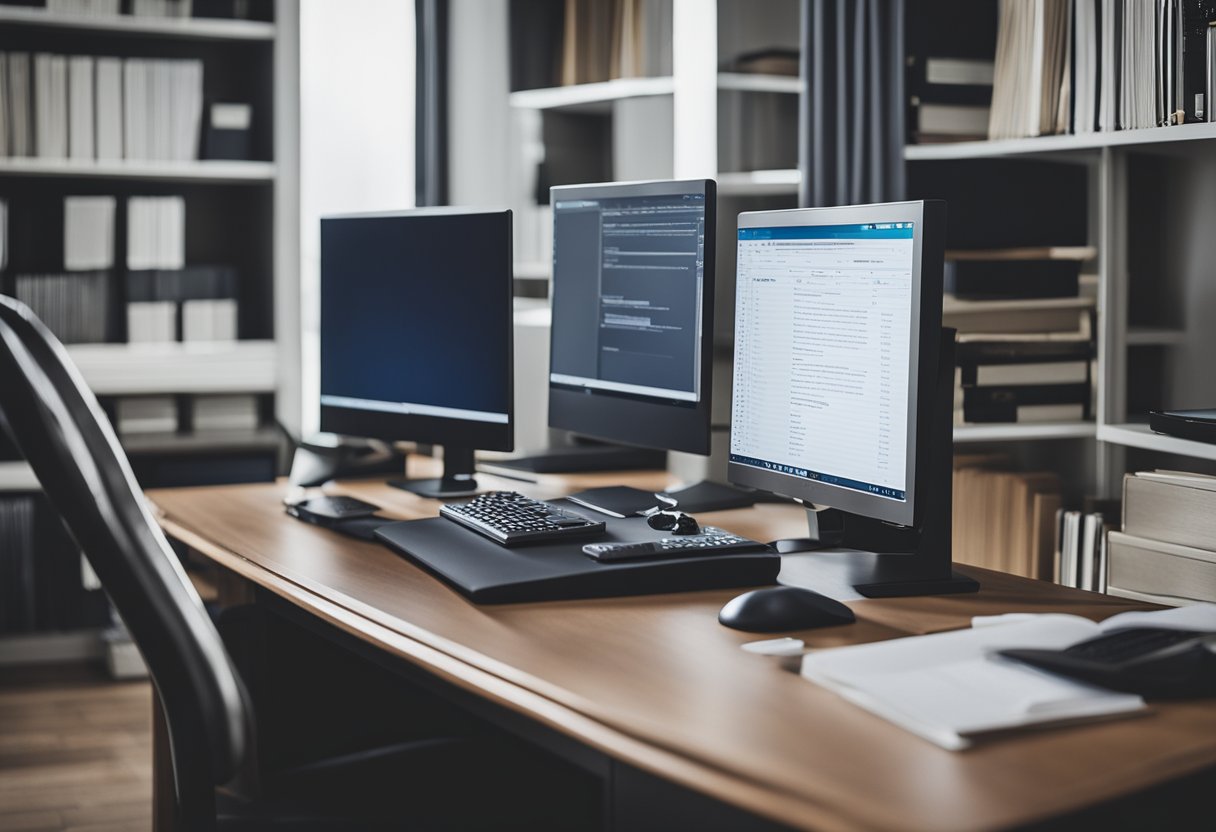 A home office with a computer, files, and a calculator. A bookshelf with legal and tax reference books. A comfortable chair and desk setup