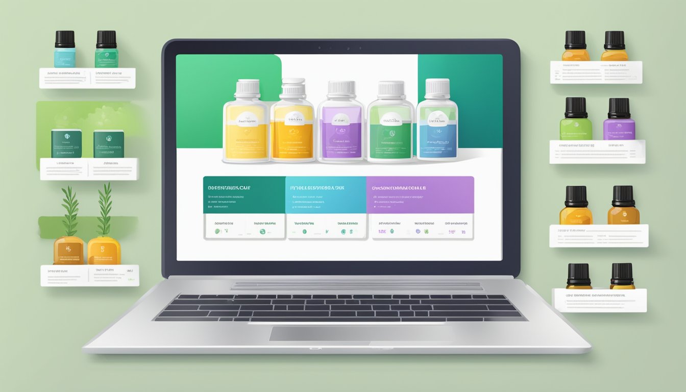 A laptop displaying a variety of essential oils on a sleek, modern website, with clear product descriptions and customer reviews