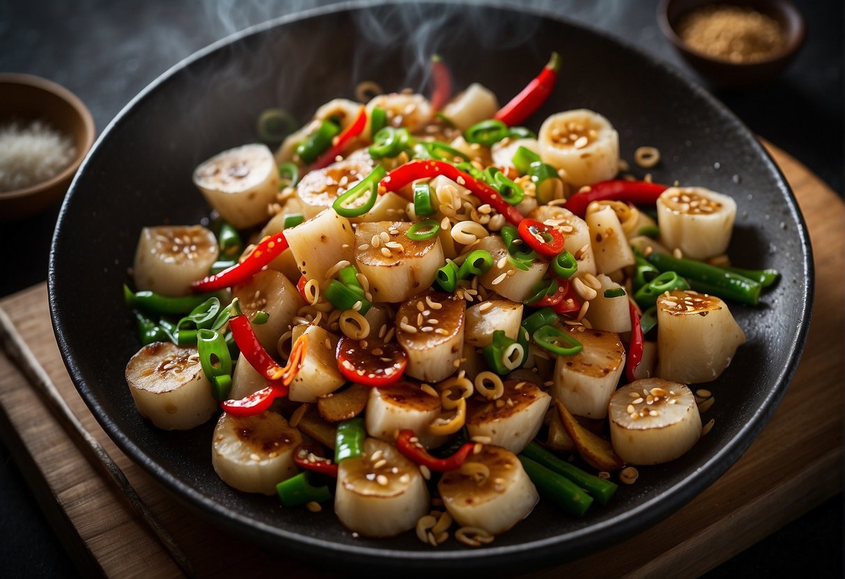 A wok sizzles as sliced lotus root, ginger, and garlic are stir-fried with soy sauce and sesame oil. Green onions and red chili peppers add color and heat to the dish