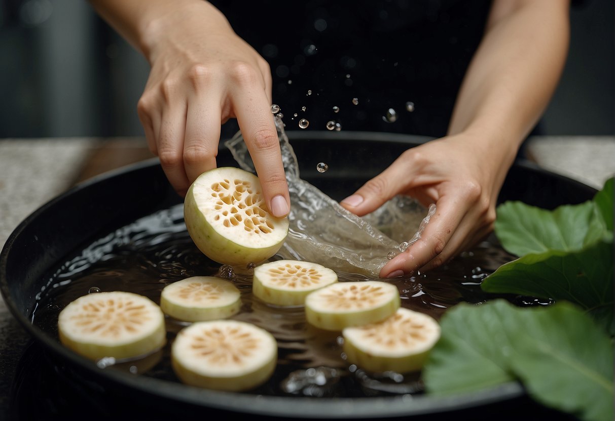 A hand reaches for a fresh lotus root, slicing it into thin rounds and soaking them in water, preparing for a Chinese lotus root recipe