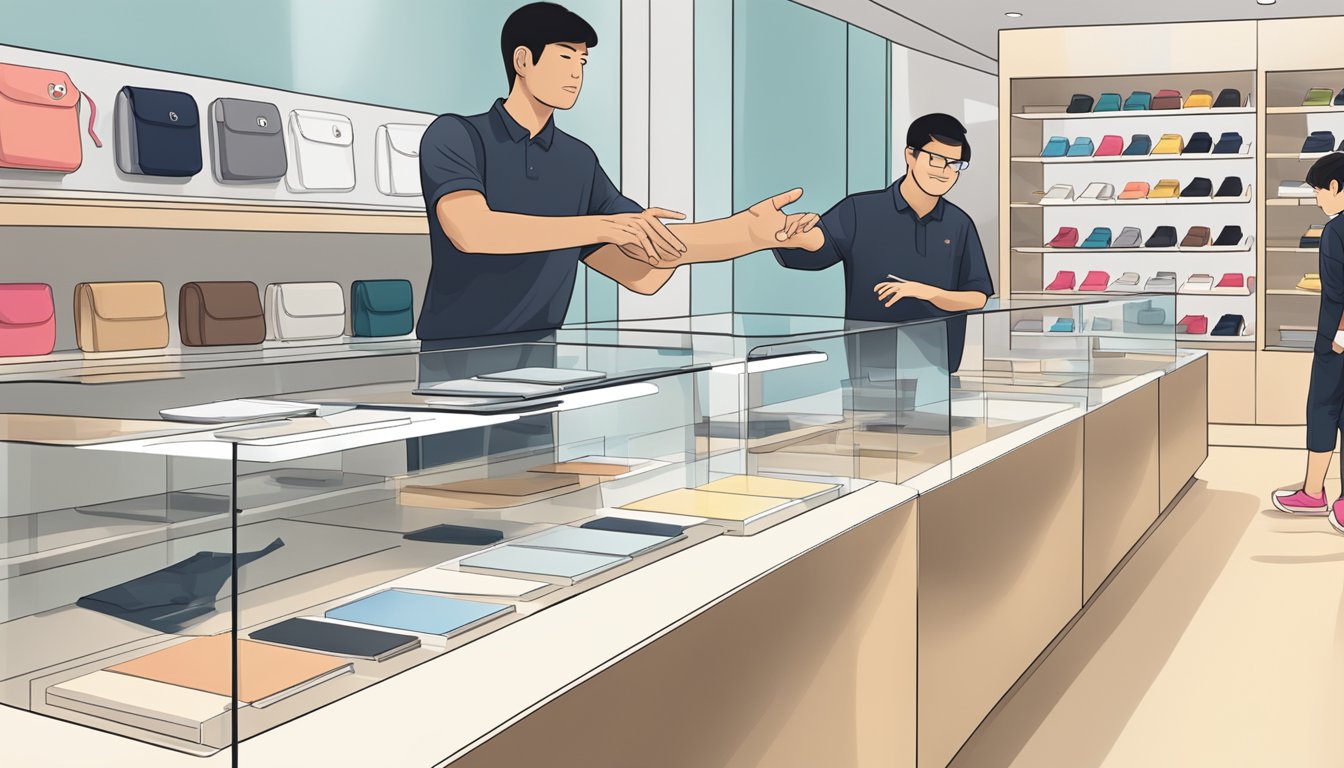 A hand reaches out to purchase an Apple Watch Series 2 in a sleek Singaporean store
