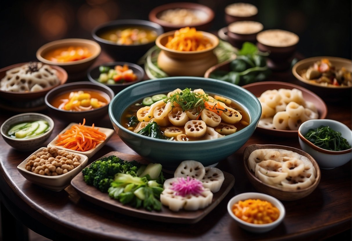 A table set with various lotus root dishes, including stir-fry, soup, and pickled slices. Vibrant colors and textures create an inviting display