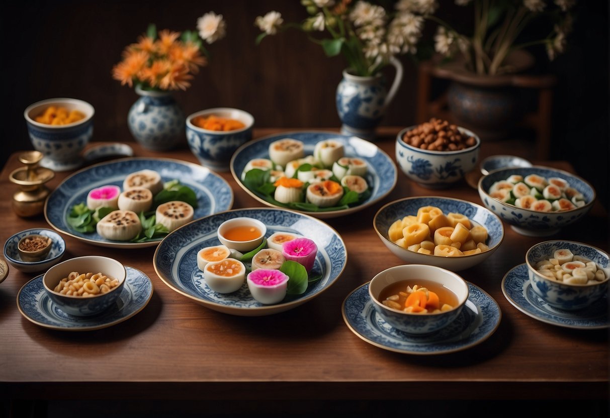 A table set with a colorful array of lotus root dishes, surrounded by traditional Chinese serving utensils and decorative elements