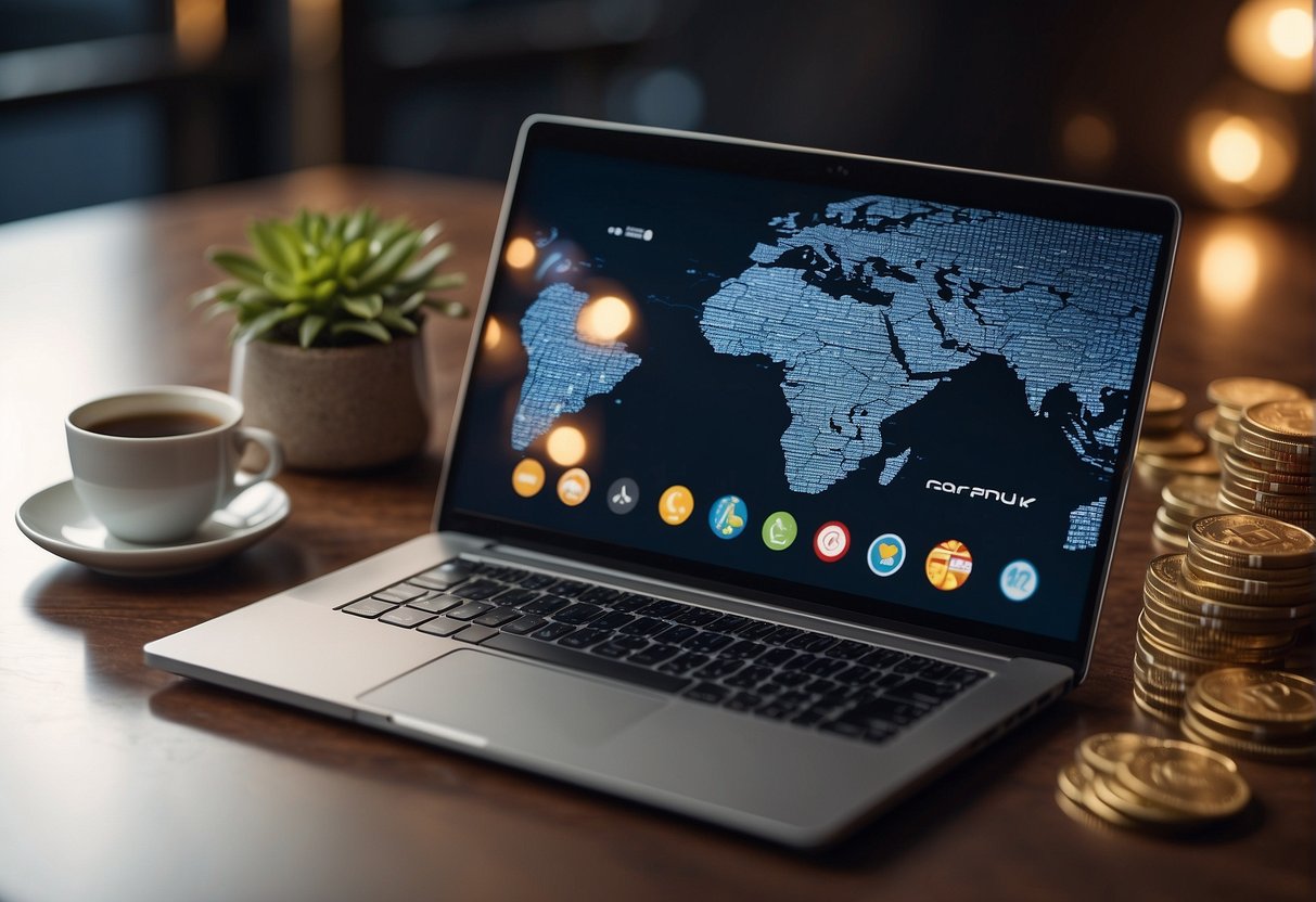 A laptop with a VPN connection, surrounded by casino chips and cards, with a world map in the background