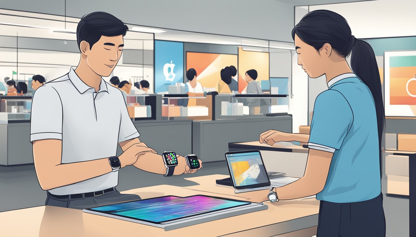 A customer selects and purchases an Apple Watch Series 2 at a retail store in Singapore, with a support representative assisting nearby