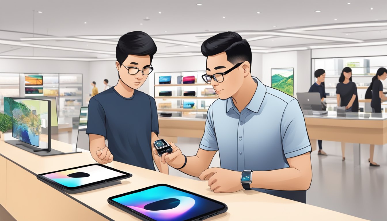 A customer browsing through a display of Apple Watch Series 2 in a Singapore store, with a salesperson nearby answering questions
