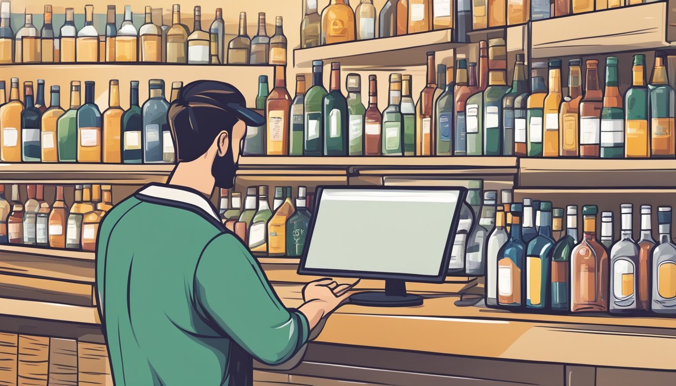 Customers browsing online alcohol selection, adding items to cart, entering payment info, and completing purchase