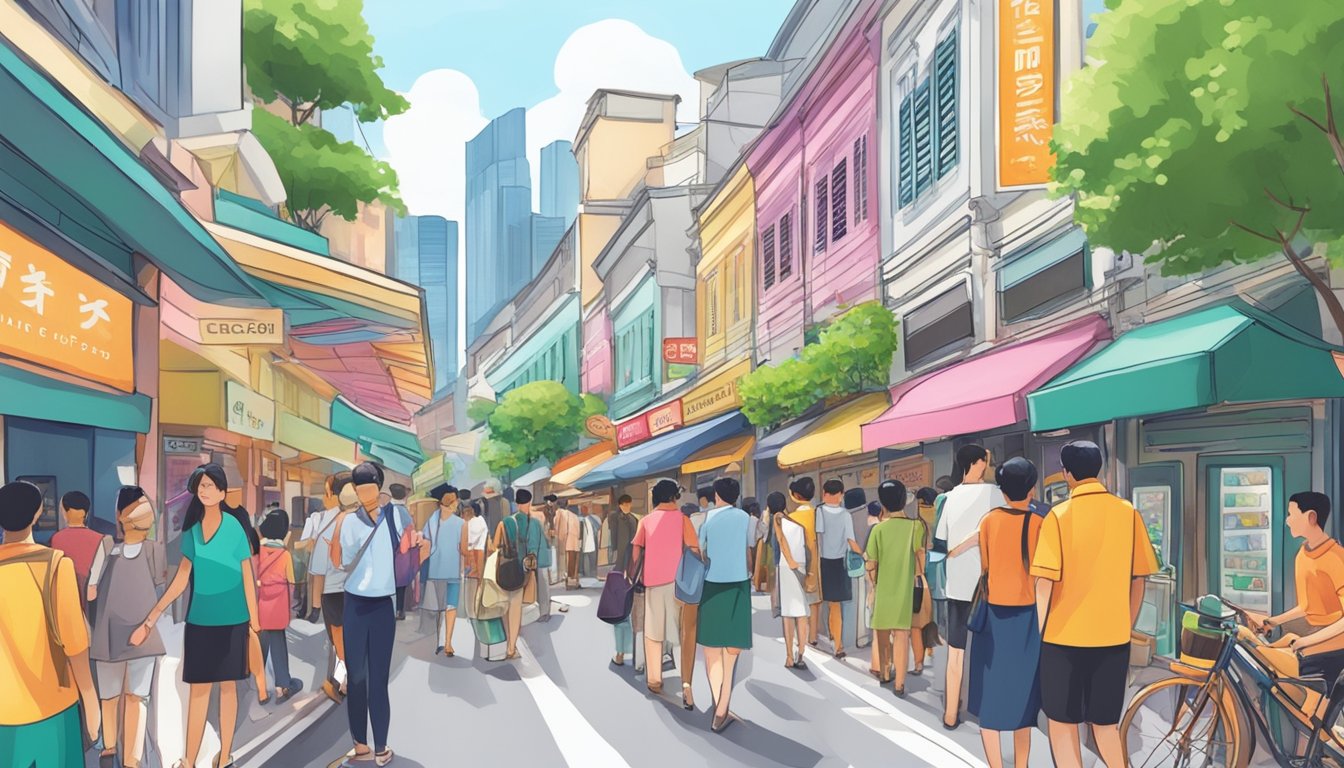 A bustling Singapore street with colorful storefronts, a prominent sign reading "Money Clips for Sale," and a crowd of people browsing