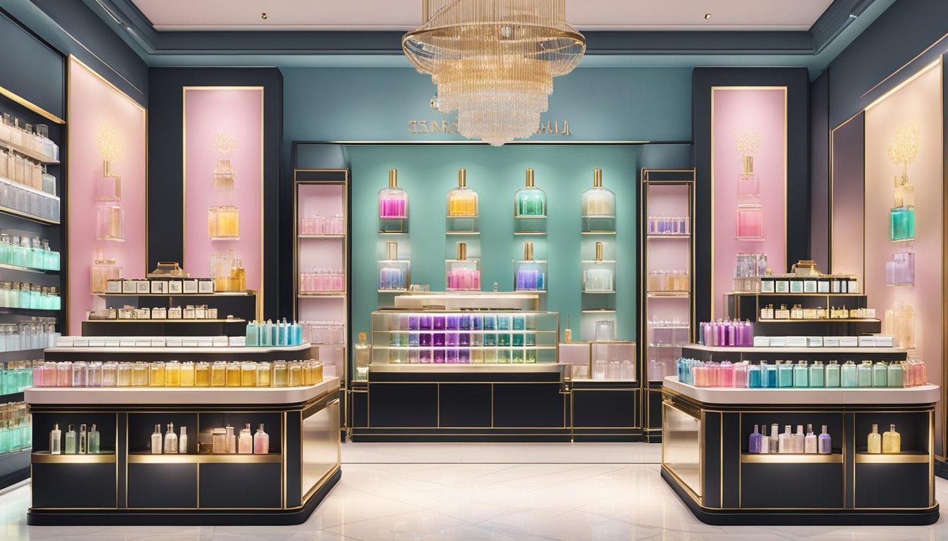 A colorful display of Forment perfume bottles in a modern Singaporean boutique, with elegant signage and soft lighting