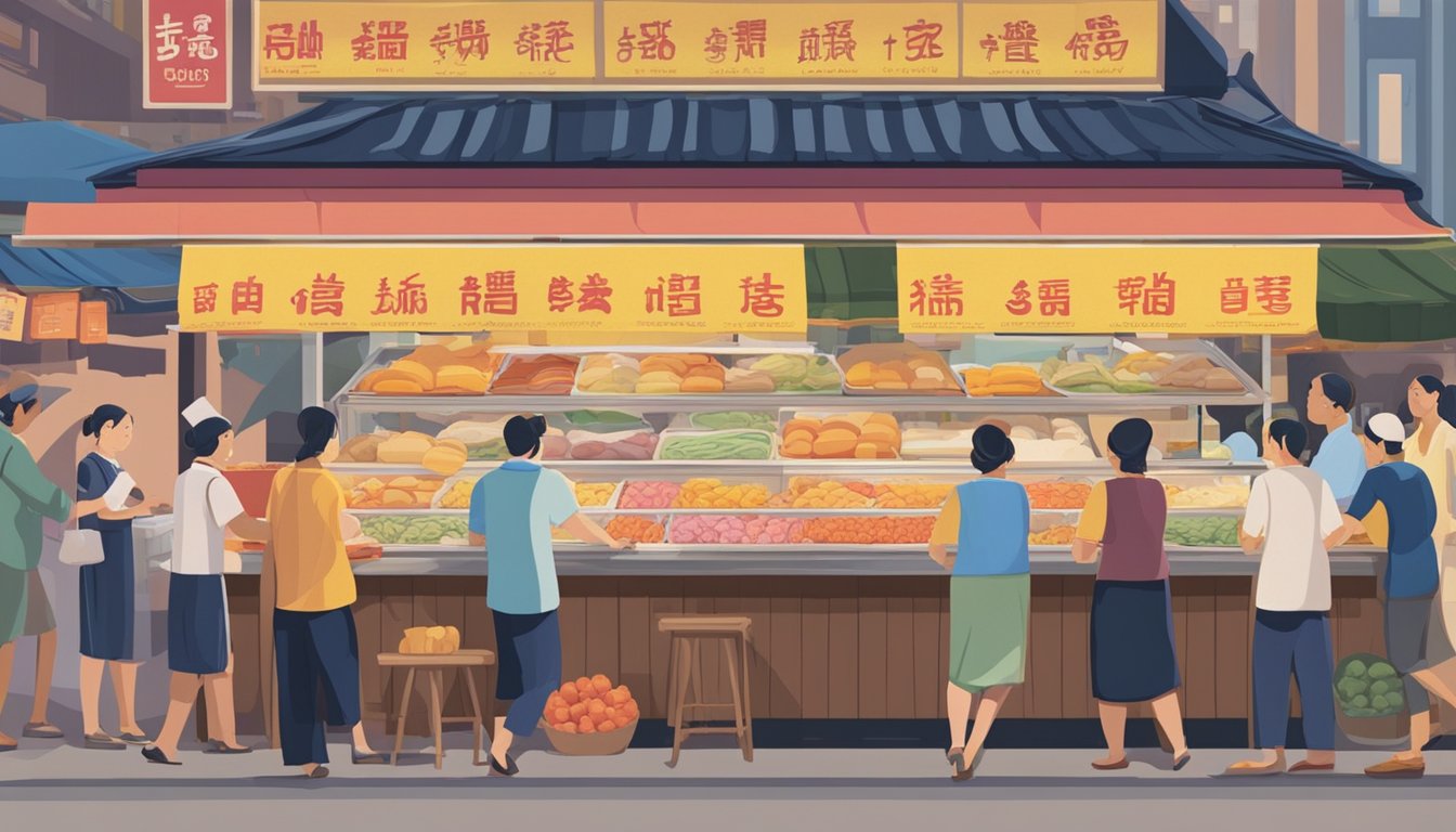 A bustling market stall showcases rolls of muslin cloth for cooking in Singapore. Brightly colored signage advertises the high-quality fabric, while eager customers browse the selection