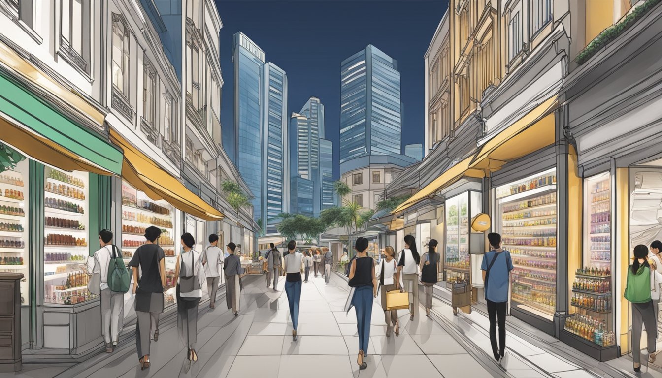 A bustling street in Singapore lined with modern, upscale storefronts showcasing a wide array of Forment perfumes in elegant displays