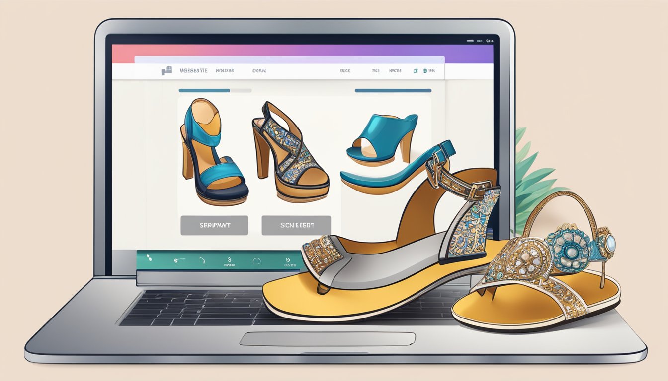 A laptop or smartphone displaying a website with various styles of ladies' sandals. A secure payment option and a variety of sizes and colors are visible