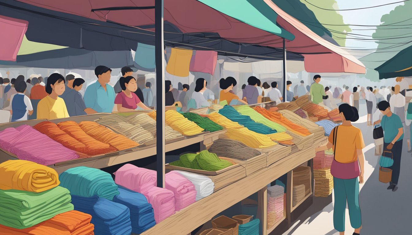 A bustling market stall in Singapore, with colorful muslin cloths neatly stacked on display. Customers inquire about the fabric's availability for cooking use