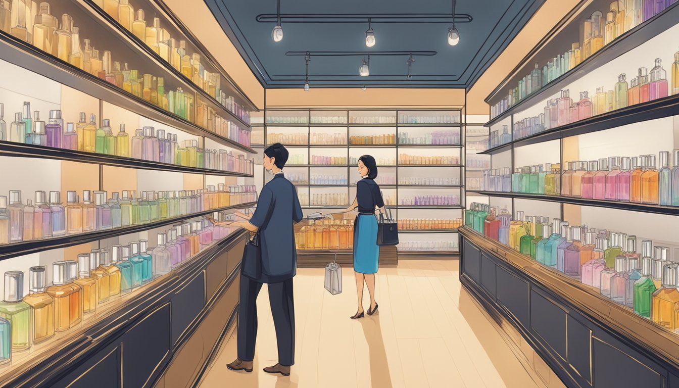 A brightly lit boutique with shelves of Forment perfume bottles, a salesperson assisting a customer, and a sign displaying "Where to buy Forment perfume in Singapore."