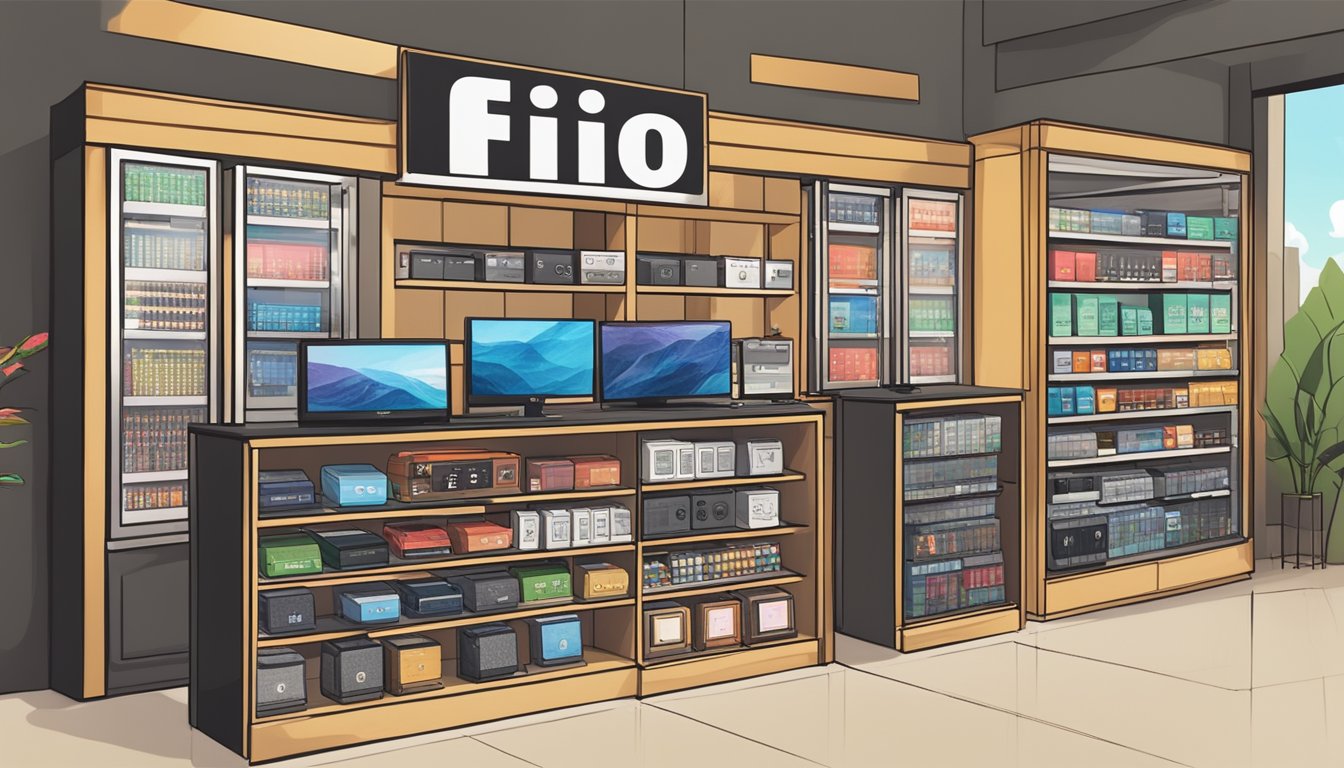 A display of FiiO products with logos and prices, surrounded by store shelves and a "Where to buy FiiO in Singapore" sign
