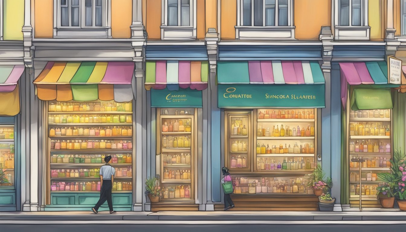 A bustling Singapore street lined with colorful storefronts, featuring a prominent display of Forment perfume bottles in a local retail shop window