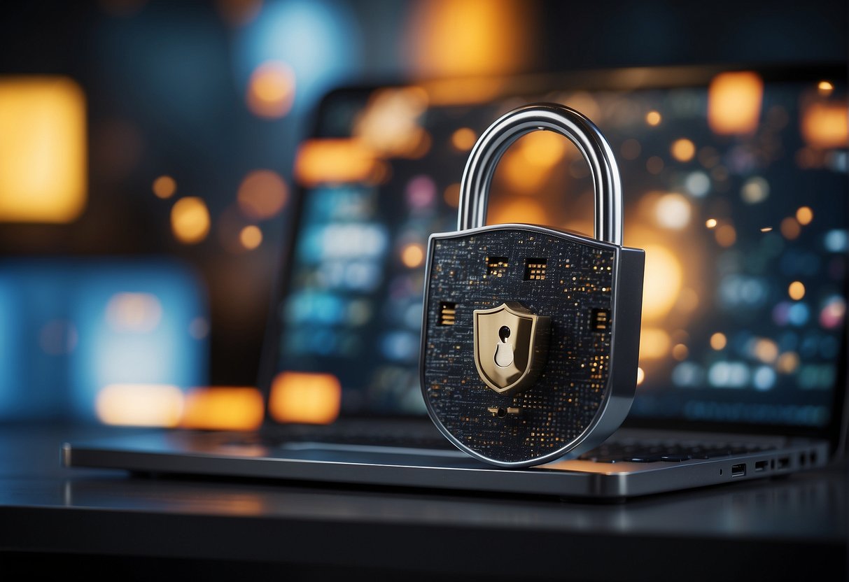 A computer with a padlock symbol on the screen, surrounded by a shield and lock icons, representing VPN security for privacy