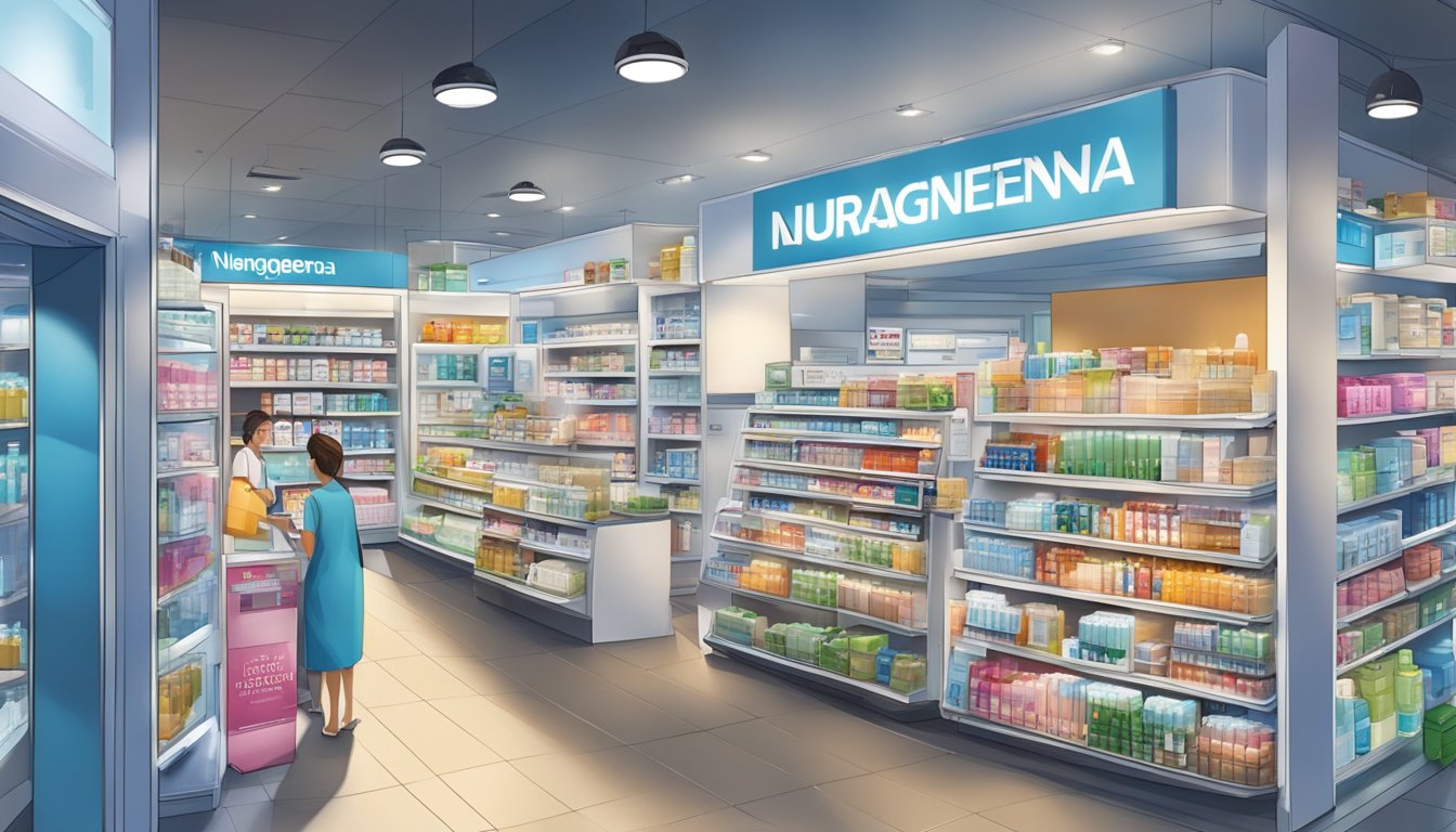 A bustling Singaporean street with a prominent sign for a pharmacy or beauty store, showcasing Neutrogena products on display shelves