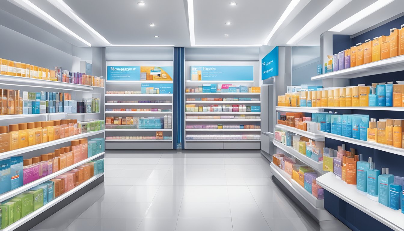 Neutrogena products displayed on shelves in a well-lit Singaporean store. Bright packaging stands out against the clean, organized backdrop