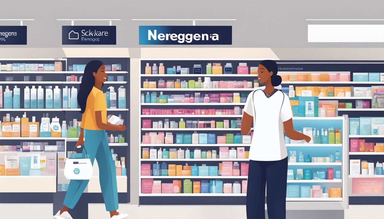 Customers browsing shelves of skincare products, with prominent Neutrogena display, friendly staff assisting. Bright, clean store with modern signage