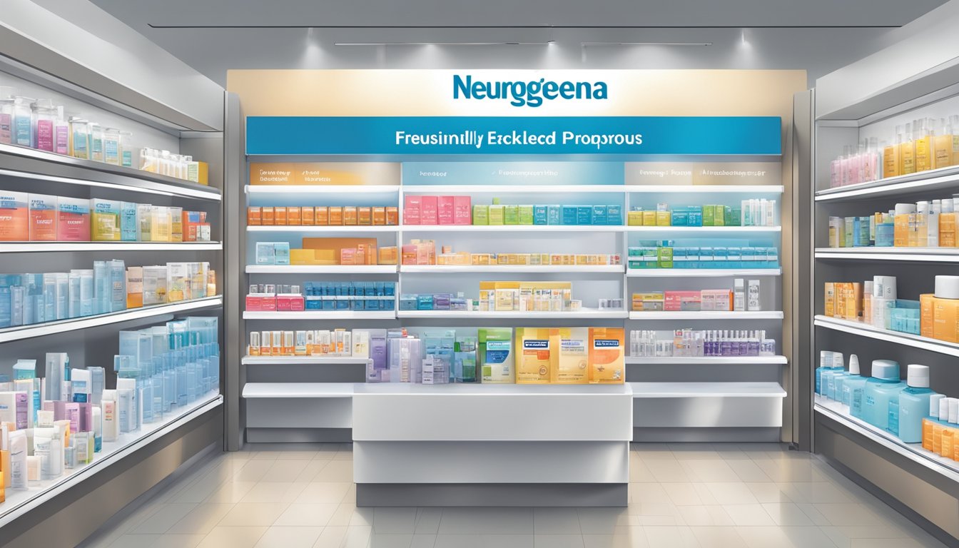 Shelves stocked with Neutrogena products in a well-lit Singaporean store, with clear signage indicating "Frequently Asked Questions" section