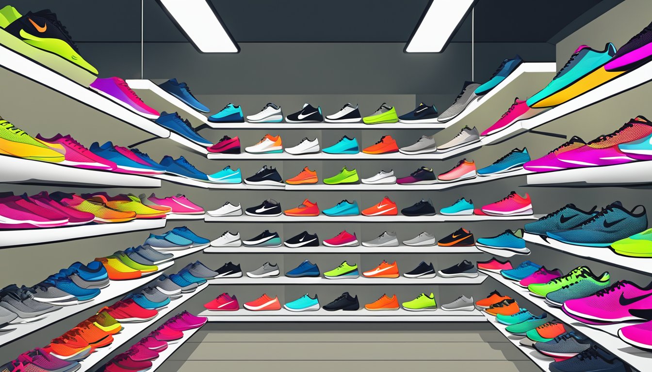 A crowded sports store in Singapore displays shelves of Nike Vaporfly 4 running shoes