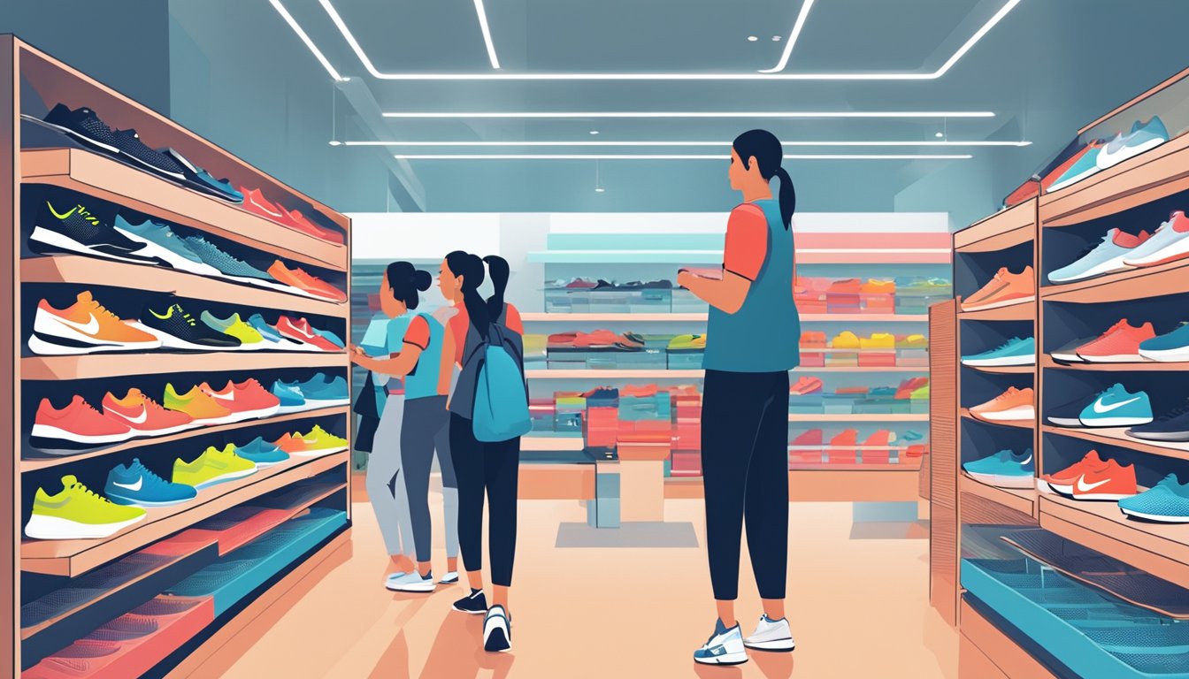 A bustling sports store in Singapore displays shelves stocked with Nike Vaporfly 4 running shoes. Customers browse the selection, while a sales associate assists a shopper