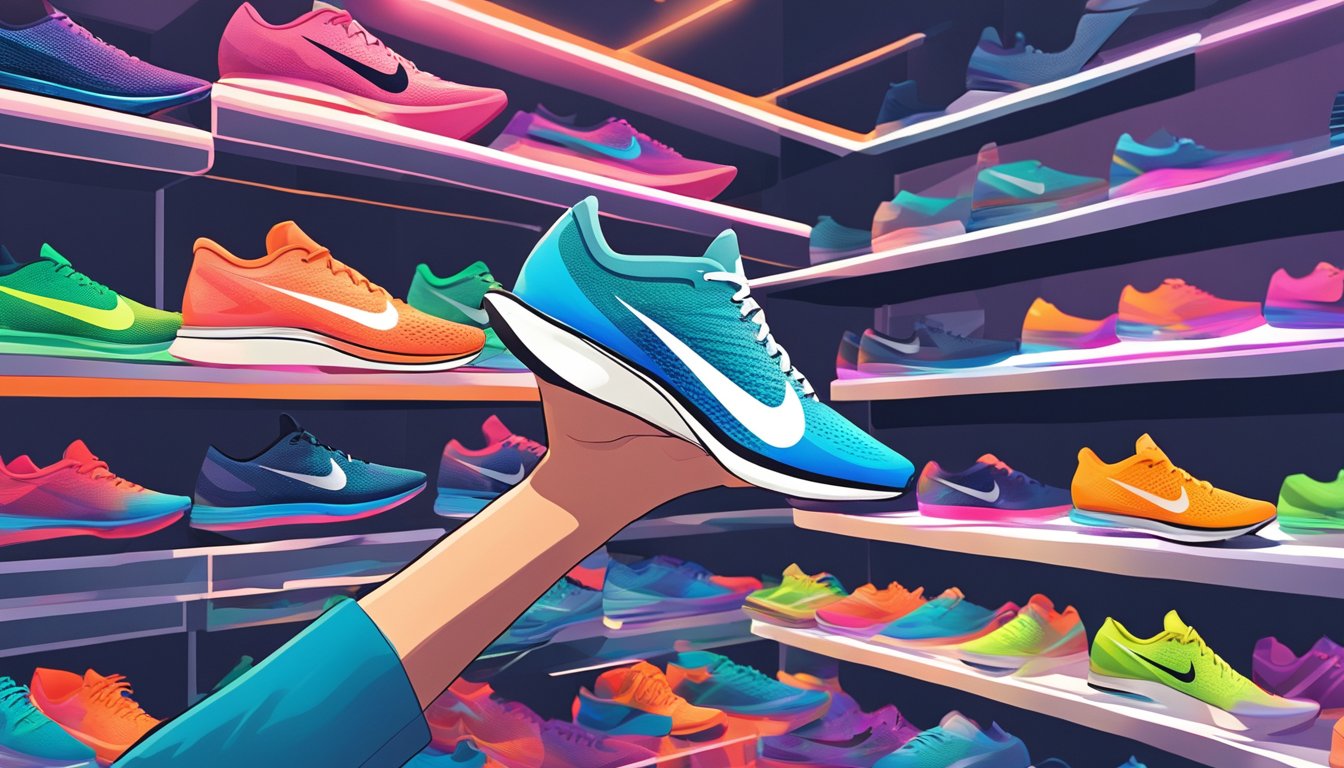 A hand reaches for a Nike Vaporfly 4 on a display shelf in a sports store in Singapore. The shoe is surrounded by other running gear and brightly lit by overhead lights