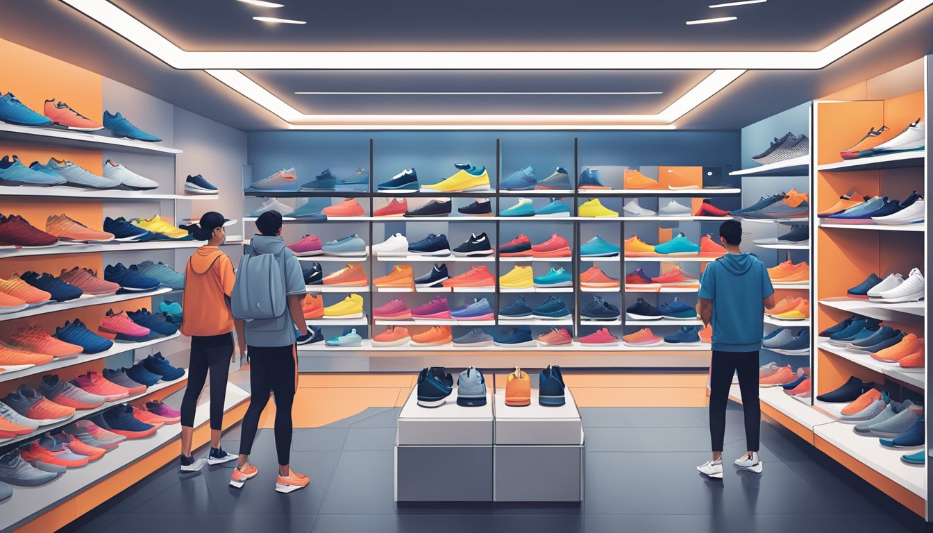 A crowded sports store in Singapore displays shelves of Nike Vaporfly 4, with customers browsing and staff assisting