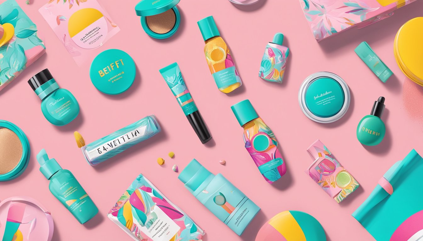 A colorful, vibrant website with playful graphics and product images, showcasing Benefit Cosmetics' online store. The homepage features bold typography and a clean layout, inviting visitors to explore the world of beauty products