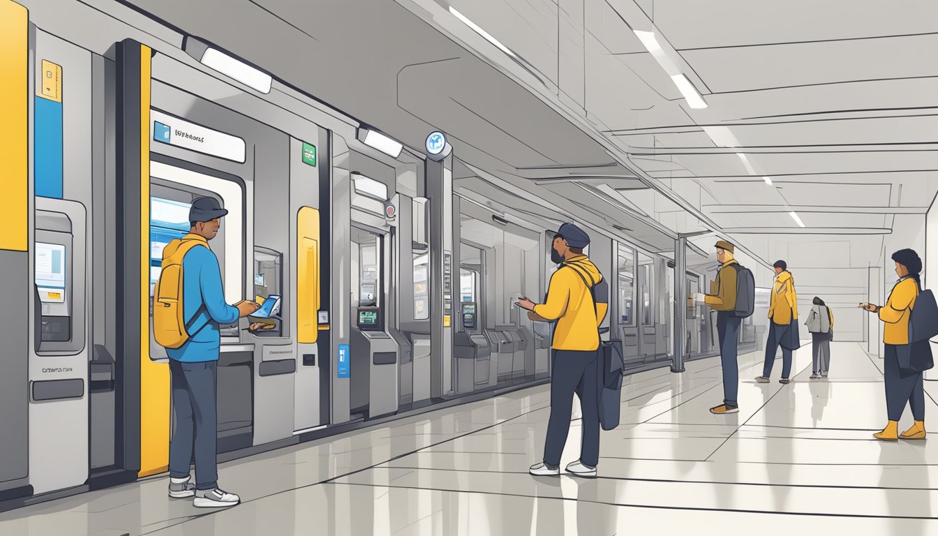 Passengers purchase BART tickets from automated machines. A person selects their destination, inserts payment, and collects the ticket before proceeding to the platform