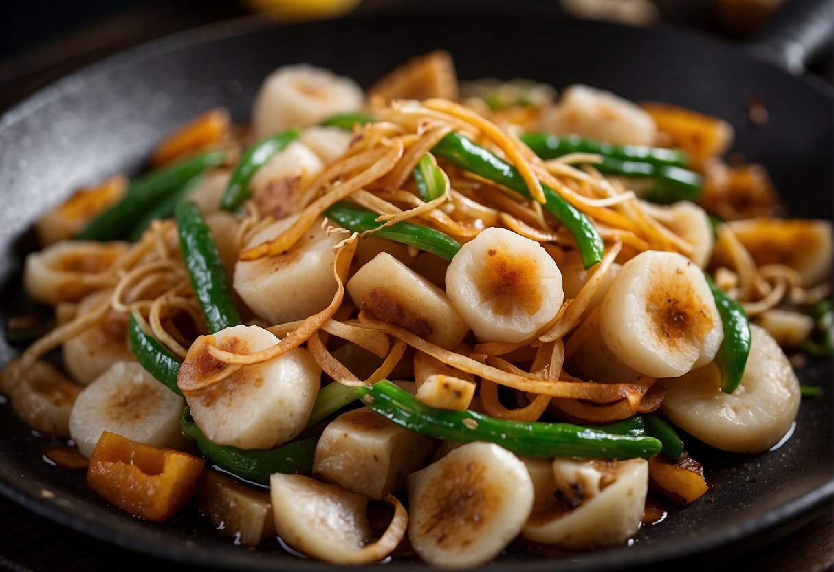 A wok sizzles as sliced lotus root, ginger, and garlic are stir-fried in a fragrant Chinese sauce, creating a delicious and colorful dish