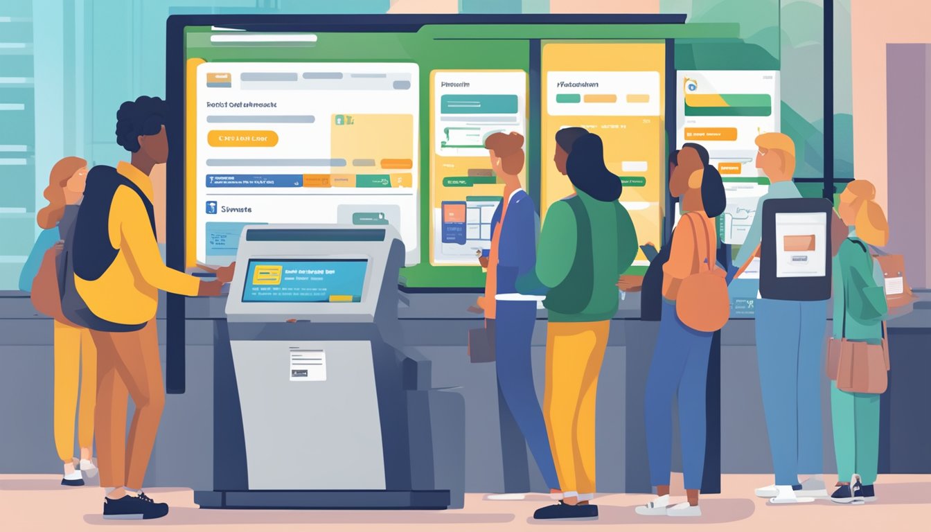 People purchasing BART tickets online. Computer screen with FAQ page, credit card, and ticket dispenser in the background