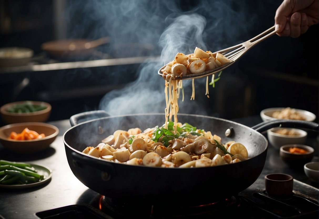 A wok sizzles with sliced lotus root, garlic, and ginger. Steam rises as the ingredients are stir-fried in a fragrant Chinese sauce