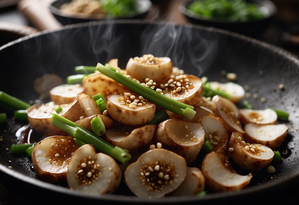 Lotus roots, soy sauce, ginger, and garlic sizzle in a hot wok. A sprinkle of sesame seeds and green onions adds color and flavor to the Chinese stir fry