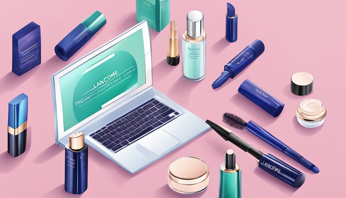 A computer screen with a webpage showing "Frequently Asked Questions" about buying Lancome mascara online