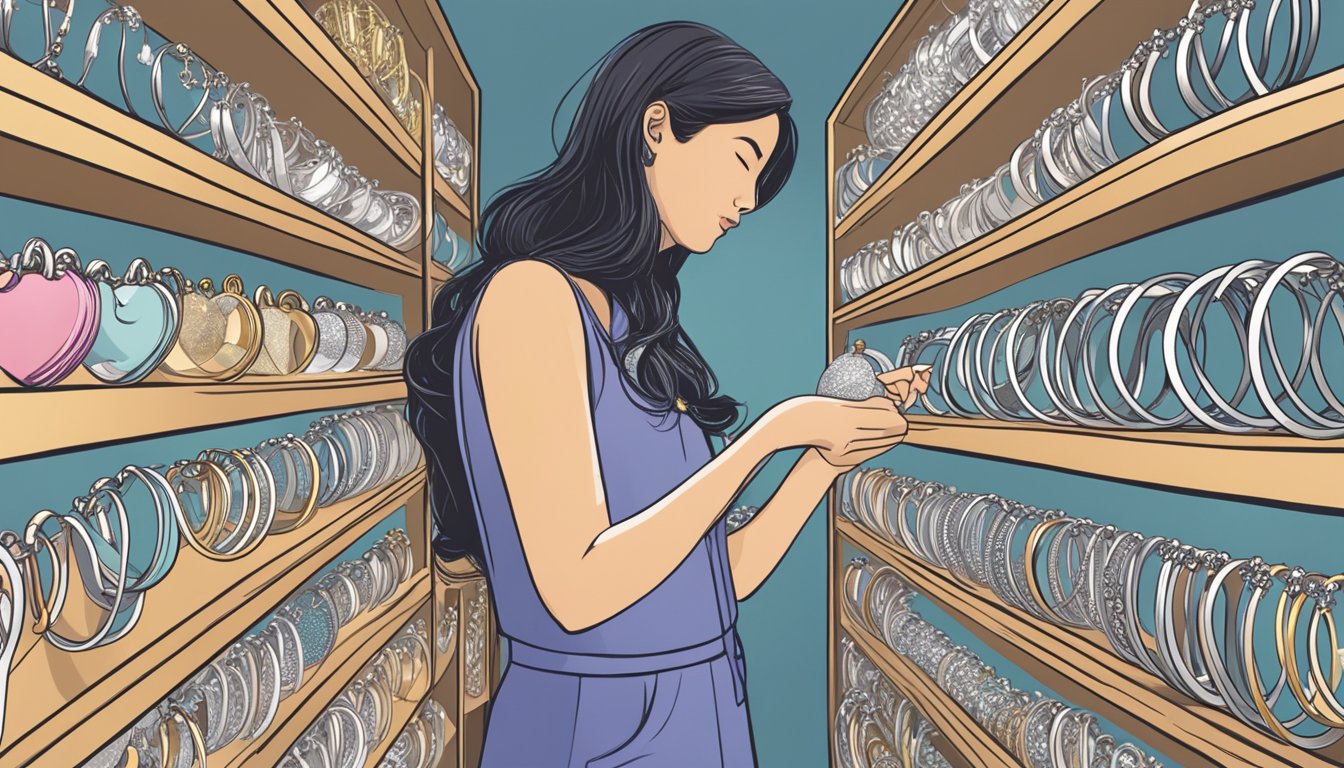 A hand holding a nose ring, browsing through a variety of nose rings at a jewelry store in Singapore. Shelves are filled with different styles and designs