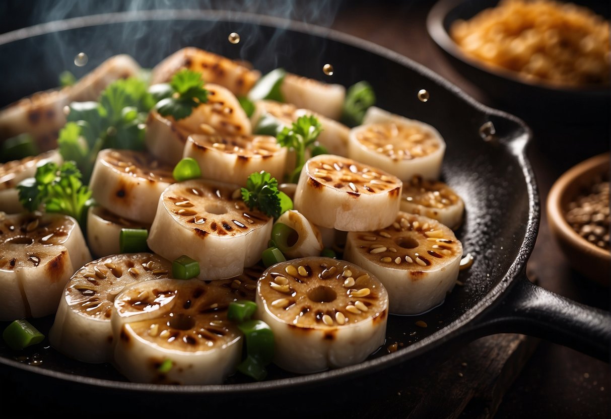 Lotus root slices sizzle in a hot wok with garlic, ginger, and soy sauce, creating a fragrant and colorful stir fry
