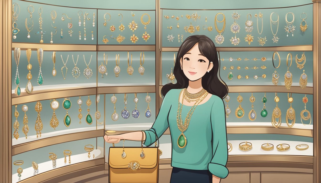 A display of nose rings in a Singaporean jewelry store, with various styles and designs showcased on a well-lit and organized display